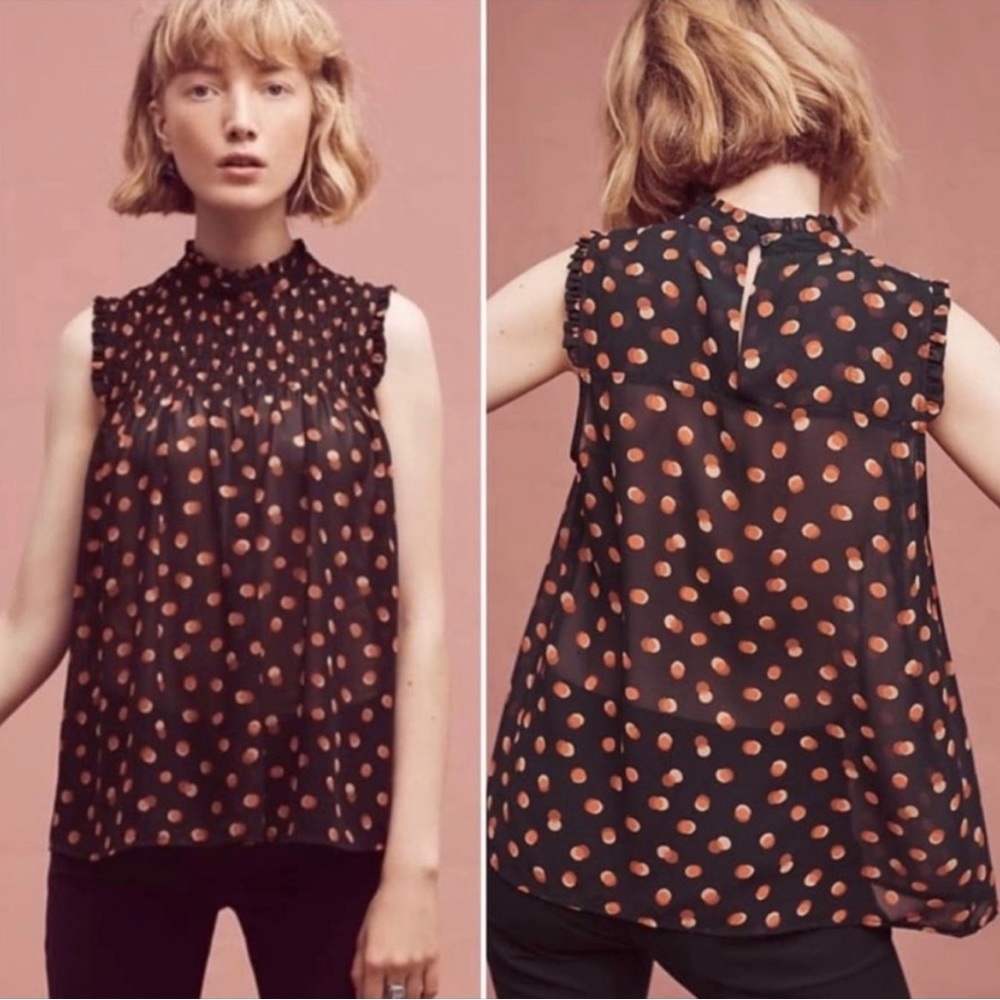 Anthropologie Maeve Black and Orange Polka Dot Sleeveless Top, Size 2